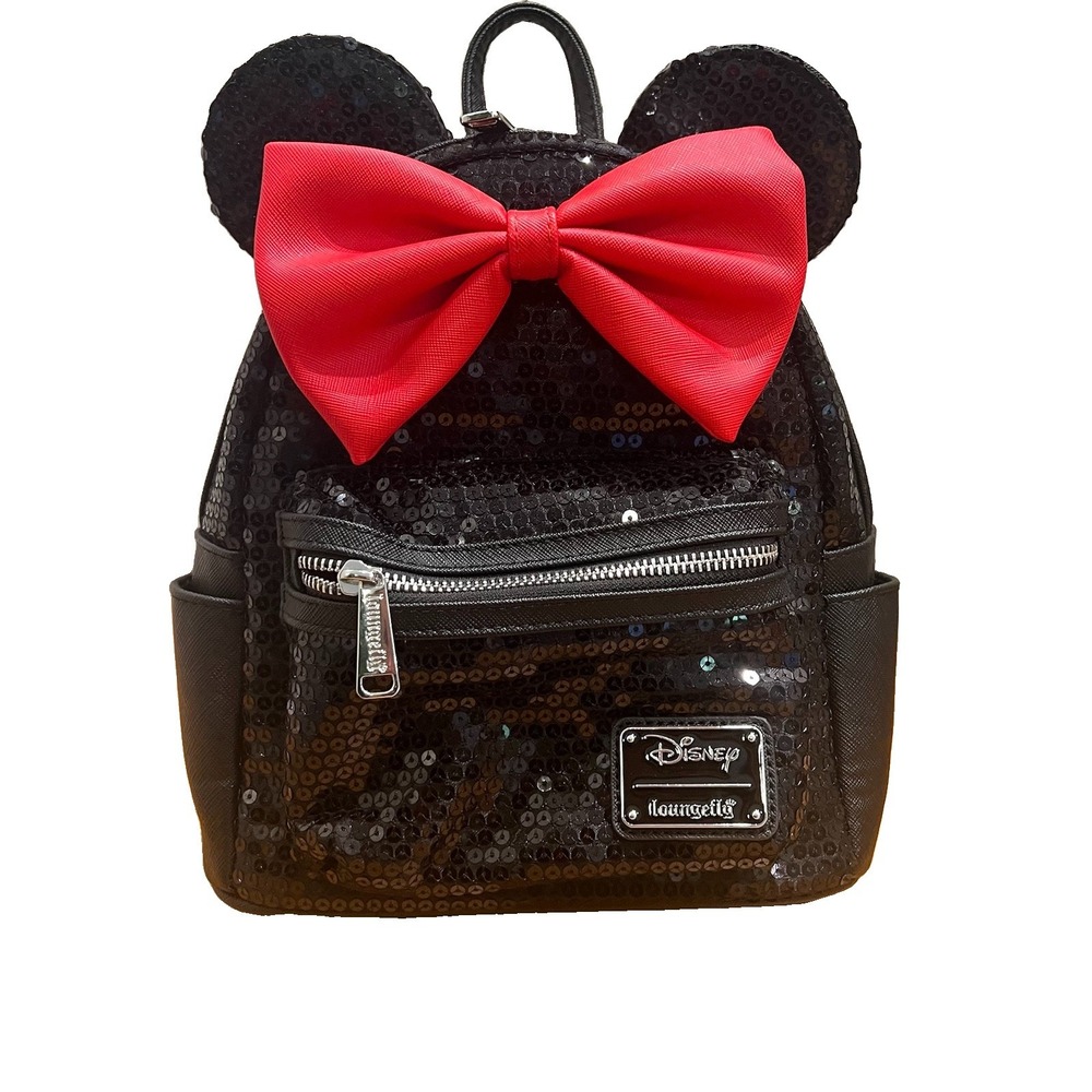 Disney Loungefly Minnie Mouse Black Sequin Mini Backpack Red Bow Ears